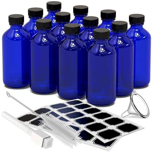 Nevlers Blue Boston Round 8oz Bottles with Lids 12 Pack Portable Kit | Dark Glass Bottle Set w/ Funnel, Labels, Marker & Brush | Syrup & Homemade Vanilla Extract Bottles | Glass Medicine Bottle - color: Blue