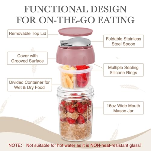SOLIGT 2 Pack Overnight Oats Containers with Lids, Folding Spoons and Divided Compartments for Fruit & Nuts, Small Glass 16oz Mason Jars for Oatmeal Yogurt Parfait (2 Set-Oat White/Rose Pink) - color: 2 Set-Oat White/Rose Pink