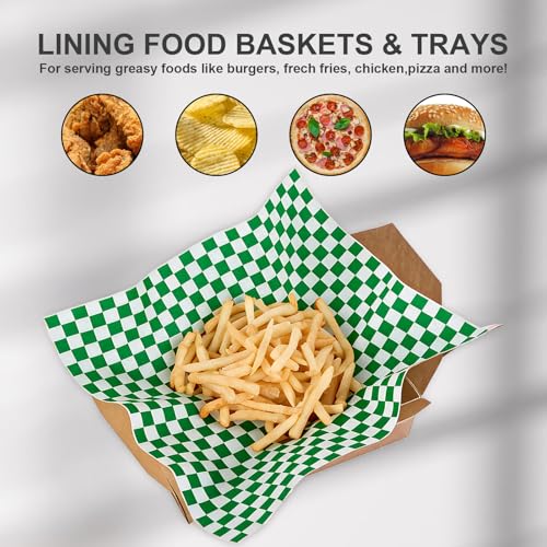 100pcs Deli Paper Sheets 12x12", Premium Food Basket Liners, Grease Resistant Wax Paper Sheets for Food, Classic Checkered Sandwich Wrapping Paper (Green & White) - color: Green & White