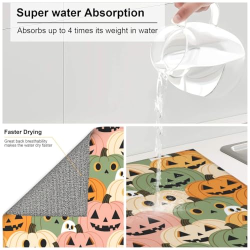 Cute Pumpkins White Ghost Dish Drying Mats for Kitchen Counter, Super Absorbent Microfiber Drainer Pad, Washable Reversible Appliance Protector, Everyday Kitchen Must-Have, 16x18 Inch - color: Cute Pumpkins White Ghost
