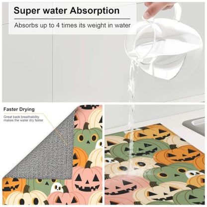 Cute Pumpkins White Ghost Dish Drying Mats for Kitchen Counter, Super Absorbent Microfiber Drainer Pad, Washable Reversible Appliance Protector, Everyday Kitchen Must-Have, 16x18 Inch - color: Cute Pumpkins White Ghost