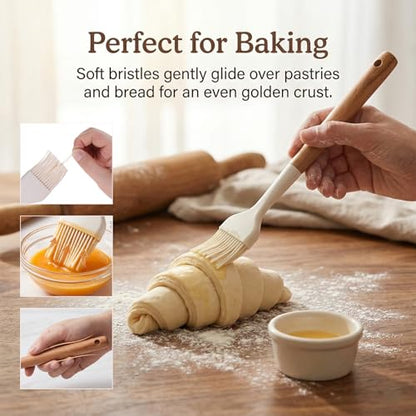 Silicone Basting Pastry Brush 2 PCS Silicone Oil Brushes with Wooden Handle Durable Heat Resistant Kitchen Brush for Cooking Baking Grilling Spreading BBQ Oil Butter Easy to Clean
