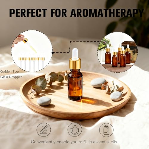 PrettyCare Glass Eye Dropper Bottles 99 Pack, 0.5oz (15ml) Small Amber Empty Thick Bottles with Leakproof Golden Caps - With Labels & Funnels for Storage, Travel, Essential Oils, Tinctures - color: 0.5oz Amber, style: 99 Pack