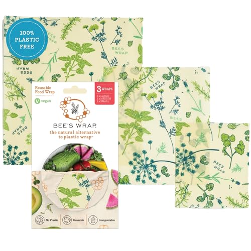 Bee's Wrap Vegan Beeswax Wraps for Food - 3 Pack of Assorted Beeswax Wraps - Small, Medium & Large Wrap - Plastic Free Made in USA Reusable Natural Food Wrap - Herb Garden Print - style: 3 Pack (Vegan Herb Garden)
