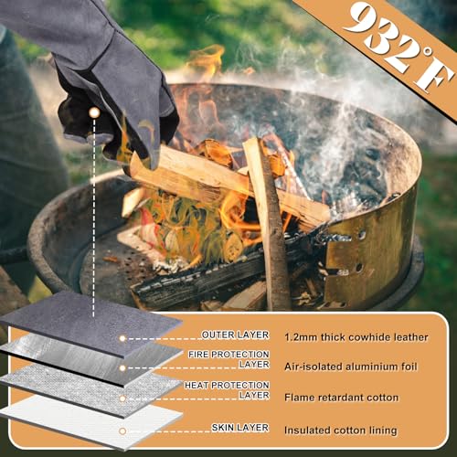 Leather Welding Gloves, 16inch 932℉ Heat/Fire Resistant, Wood Stove Gloves, Large Mitts for BBQ,Grill,Tig/Mig (Grey, M) - color: Crey, size: Medium