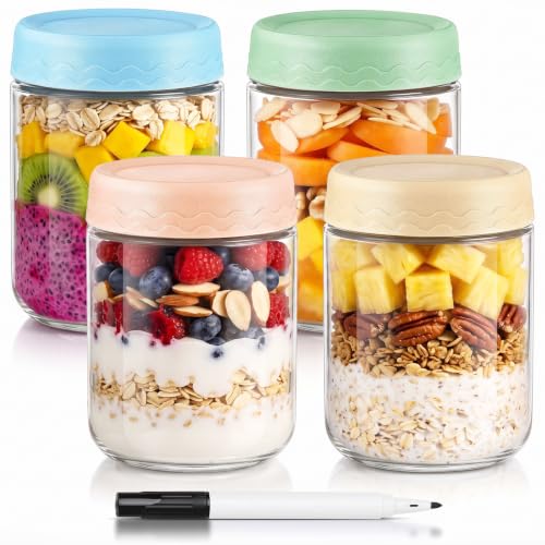 DRKIO 16 Oz Overnight Oats Containers with Lids - 4 Pack Glass Storage Jars with Airtight Lids Wide Mouth Mason Food Jars Great for Meal Prep Salad Chia Pudding Snacks Yogurt Sugar Spice Cereal - color: 16 Oz - 4 Colors