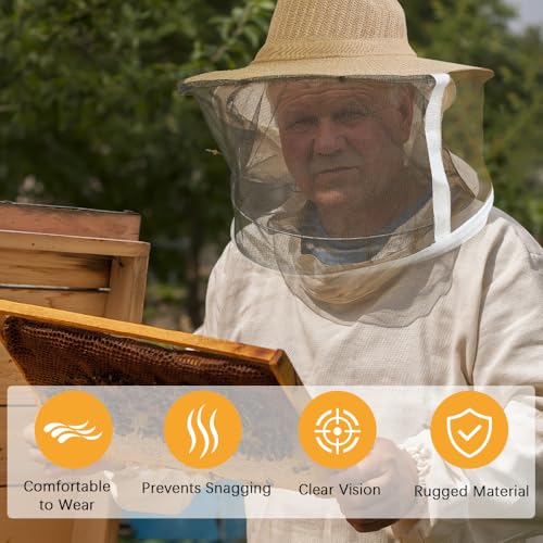 1 Pack Beekeeping Hat with Veil, Ventilated Bee Keeper Hat with Long Elastic Shoulder Strap Bee Keeping Supplies for Men Women Outdoor Fishing Hiking, Mosquito Net Hat - size: 1PCS