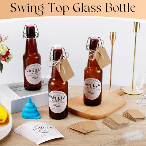 8 Pack 11 Oz Swing Top Glass Bottles Set - Glass Bottles for Vanilla Extract with Caps, Labels, Twine, Funnel & Brush, Reusable Flip Top Bottles for Home Brewing, Oil, Beer, Tea & DIY Crafts