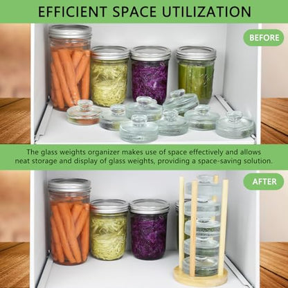 Artcome 5-Pack Glass Fermentation Weights with Easy Grip Handle and Unique Texture Design for Large Wide Mouth Mason Jars - Pickle Pebbles with Glass Weights Organizer - Space Saving Compact Design - size: glass weights 5pc + holder 1pc + tongs x 1pc