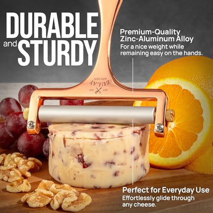 Zulay Adjustable Cheese Slicer - Wire Slicer for Mozzarella, Cheddar, Gouda - Heavy Duty With 2 Extra Wires (Rose Gold) - color: Rose Gold