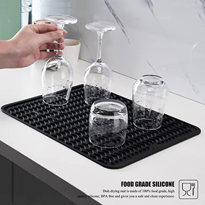 Silicone Dish Drying Mat, Non-Slip Easy Clean Sink Mat Large Heat-resistant Dish Drainer Mat for Kitchen Counter, Sink, Refrigerator or Drawer liner (16" x 12", BLACK) - size: 16" x 12"