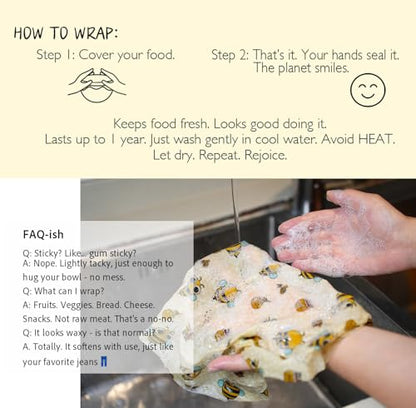 Reusable Beeswax Food Wraps - 6 Pack (3S,2M,1L) Bread Sandwich Wrapper Bowl Covers Food Storage | Organic, Zero Waste, Plastic and Silicone Free, Alternative to Aluminum Foil & Plastic Wrap - color: 6 Pack - Golden Meadow