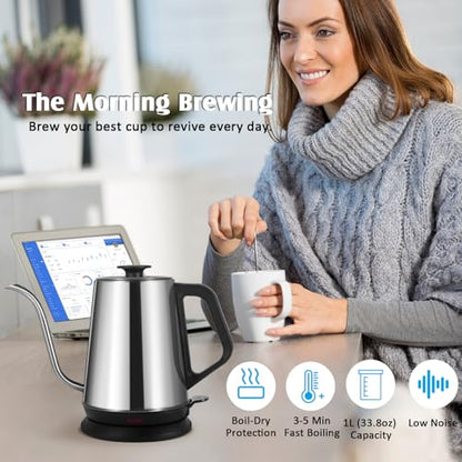 1L Electric Gooseneck Kettle, Tea Kettle for Boiling Water, Gooseneck Electric Kettle for Coffee & Tea, Fast Boiling for Pour Over, Auto Shut-Off, Boil-Dry Protection, 360° Rotational Base - Silver - color: 1.0L Silver