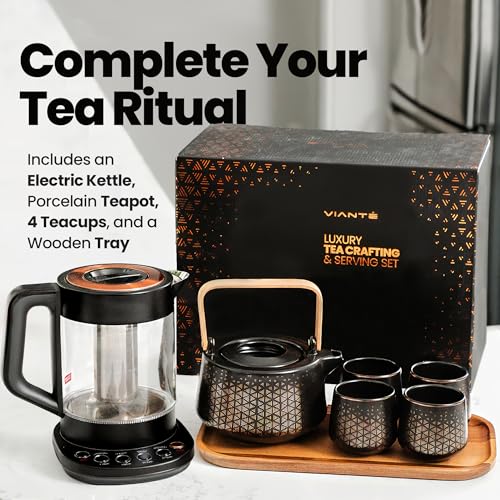 Viante Luxury Tea Set, Electric Kettle With Infuser, Gift for Tea Lovers | Borosilicate glass body plus ceramic teapot, 4 ceramic cups & bamboo tray. No plastic ever touches your water - style: Black with Tea Set