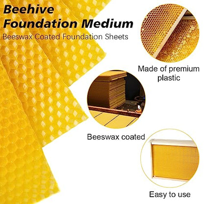 BeeCastle 20pcs Yellow Beehive Beeswax Coated Foundation Sheets, Waxed Foundation for Bee Frames, 5-5/8-Inch Plastic Bee Hive Foundation Sheets for Medium Beehive Frames - size: 5-5/8-Inch