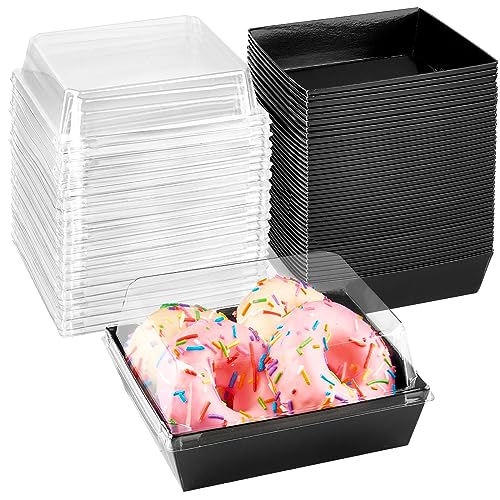 Ocmoiy Charcuterie Boxes with Clear Lids, 5 Inches, 50 Pack, Black | To Go Paper Food Containers, Disposable Bakery Dessert Boxes, For Sandwich, Cookie, Pastry, Cake Slice - color: Black