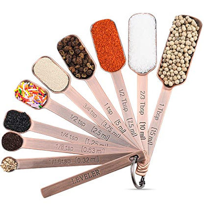 Measuring Cups and Spoons Set, Copper Measuring Cups and Spoons Set for Dry & Liquid, Metric&US 7 Stainless Steel MeasureR Cup&9 Spoon Leveler & Measure Enquivalents for Kitchen & Baking