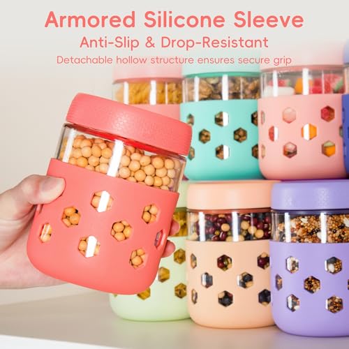 Gemice 6-Pack 16 oz Overnight Oats Containers with Lids and Silicone Sleeves, Glass Mason Jars with Airtight Lid, Dishwasher Safe, Wide Mouth Chia Seed Pudding Meal Prep Jar for Yogurt Berries Snack - color: Pink, size: 16oz, 6-Pack