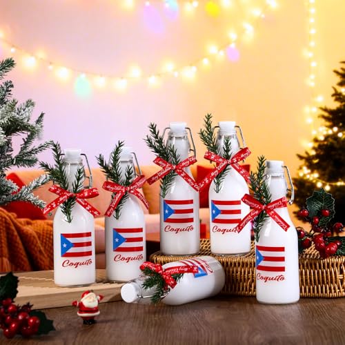 Sieral 12 Pack Christmas Puerto Rico Coquito Swing Top Glass Bottle 8oz Clear Flip Top Beer Brewing Bottles with Ribbon and Artificial Branches for Liquids Wine Christmas Xmas Gifts - style: Puerto Rico