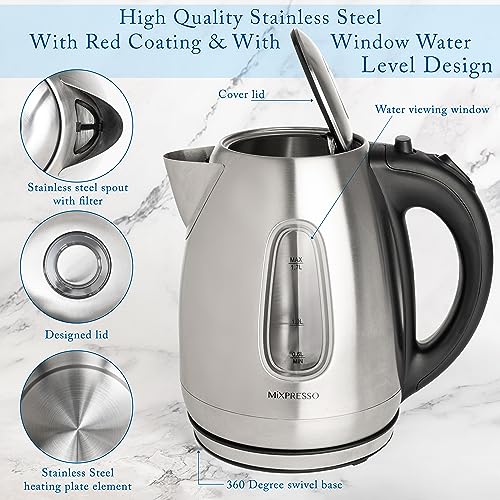 Mixpresso 1.7 Liter Stainless Steel Electric Kettle | Large, portable hot water tea kettle, fast boiling pot, boil-dry protection, auto shut-off, blue Illuminate LED light - color: Stainless Steel 1.7L