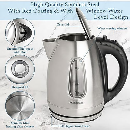 Mixpresso 1.7 Liter Stainless Steel Electric Kettle | Large, portable hot water tea kettle, fast boiling pot, boil-dry protection, auto shut-off, blue Illuminate LED light - color: Stainless Steel 1.7L
