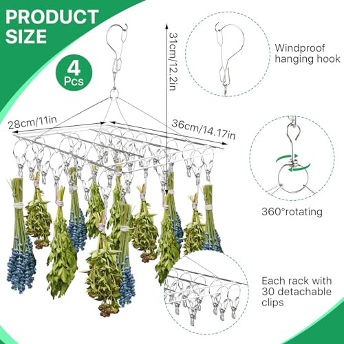4 Pack Hanging Herb Drying Rack, Stainless Steel with 30 Hooks - Space Saving Herb Dryer for Fresh Herbs, Flowers, Tea & Culinary Herbs - Rustproof Kitchen & Garden Drying Rack