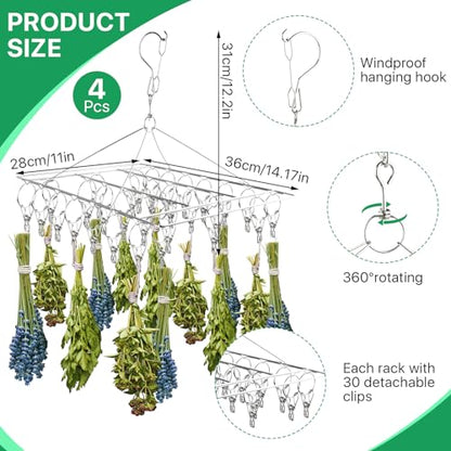 4 Pack Hanging Herb Drying Rack, Stainless Steel with 30 Hooks - Space Saving Herb Dryer for Fresh Herbs, Flowers, Tea & Culinary Herbs - Rustproof Kitchen & Garden Drying Rack