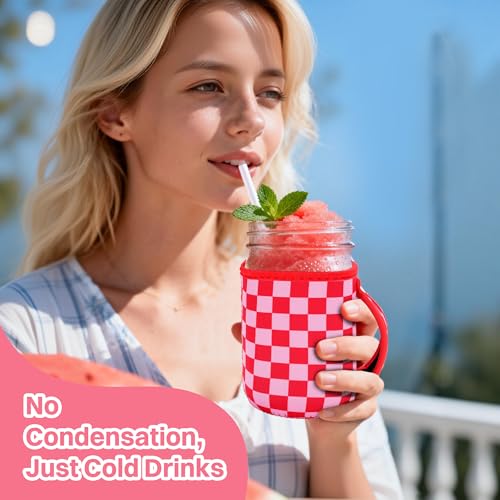 KJQJLY 4 Pcs Mason Jars Sleeves Neoprene 32oz Regular and Wide Mouth Mason Jar Sleeves Holder with Handle (Checkered, 32 OZ) - color: Checkered, size: 32 OZ