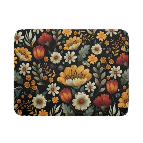 Vintage Boho Floral Dish Drying Mat for Kitchen Counter,Yellow Beige Black Spring Flower Drying Mat 18 x 24 Inch with Absorbent Reversible Microfiber Drying Pad for Coffee Bar - size: 18" x 24"
