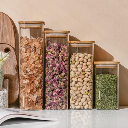 D2scrma 56oz Rectangle Airtight Glass Storage Containers with Bamboo Lids (Set of 3), Square Food Storage Jar, Pantry Organizers for Oats, Cereal, Pasta and Coffee beans (‎with Black Lable)
