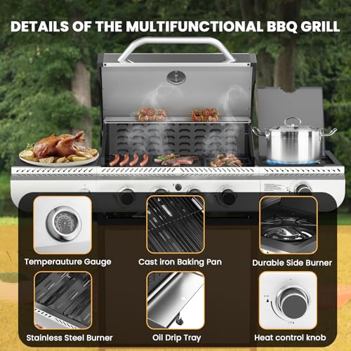 Electactic 4-Burner Gas Grill with Side Burner,Stainless Steel Propane Grill with Porcelain-Enameled Grills,Built-In Thermometer,42000BTU BBQ Grill for Outdoor Cooking and Patio Barbecues - size: 4 Burner Gas Grills with Side Burner
