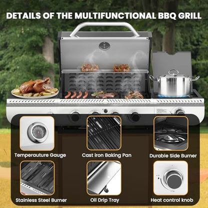 Electactic 4-Burner Gas Grill with Side Burner,Stainless Steel Propane Grill with Porcelain-Enameled Grills,Built-In Thermometer,42000BTU BBQ Grill for Outdoor Cooking and Patio Barbecues - size: 4 Burner Gas Grills with Side Burner