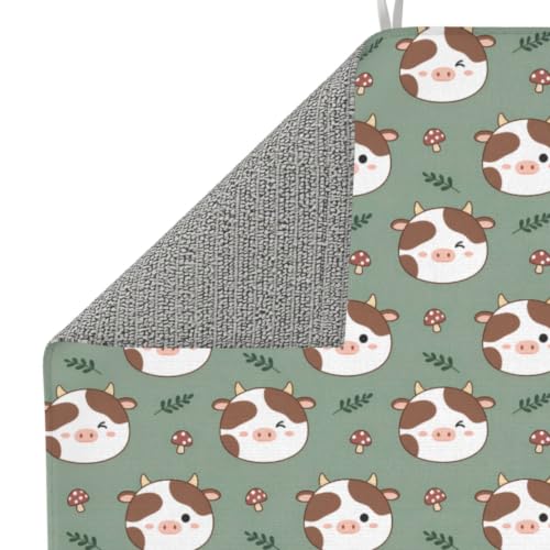 Cute Cow Mushrooms Green Leaf Dish Drying Mats for Kitchen Counter, Super Absorbent Microfiber Drainer Pad, Washable Reversible Appliance Protector, Everyday Kitchen Must-Have, 16x18 Inch - color: Cute Cow Mushrooms Green Leaf