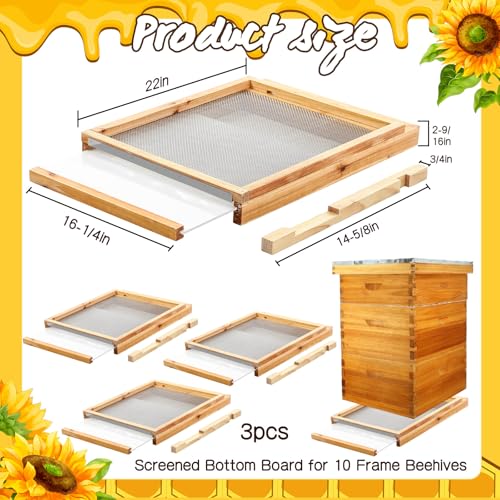 DoubleFill 3 Pcs 10 Frame Beehive Screened Bottoms Board Dipped in Beeswax with Entrance Reducer Beeswax Wood Screeneds Bottom Boards for Beekeeping Supplies (Plastic Screened Bottom Board)