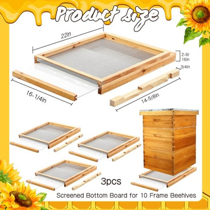 DoubleFill 3 Pcs 10 Frame Beehive Screened Bottoms Board Dipped in Beeswax with Entrance Reducer Beeswax Wood Screeneds Bottom Boards for Beekeeping Supplies (Plastic Screened Bottom Board)