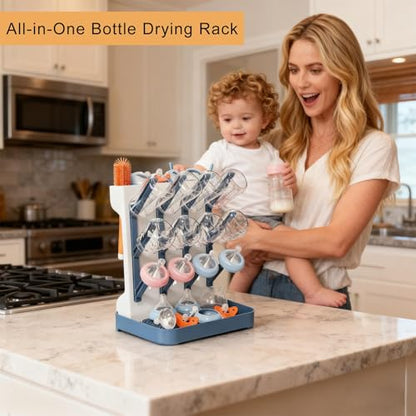 Baby Bottle Drying Rack, Space Saving Vertical Bottle Rack Dryer (Blue) | Bottle Drying Rack Countertop Organizer with Brush Holder for Bottles & Baby Accessories Pacifiers and Pump Part- BPA-Free