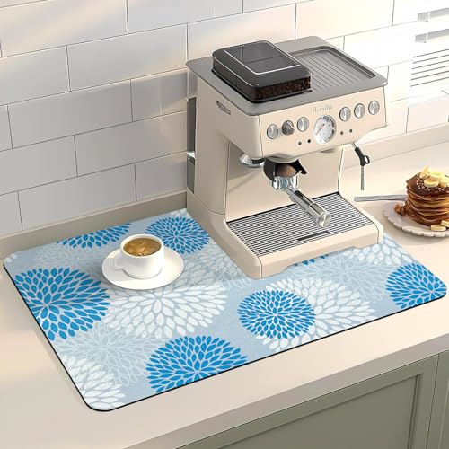 Dish Drying Mat, Dish Mat Drying Kitchen Mat with Rubber Backed, Hide Stain Kitchen Super Absorbent Draining Mat, Easy to Clean Dish Rack Pad for Dishes Countertop (Blue Floral, 16" x 24" ) - color: Blue Floral, size: 24" x 16"