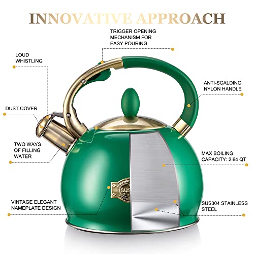 SUSTEAS Stove Top Whistling Tea Kettle - Food Grade Stainless Steel Teakettle Teapot with Cool Touch Ergonomic Handle, With 1 Silicone Pinch Mitt Included, 2.64 Quart (Green) - color: Green