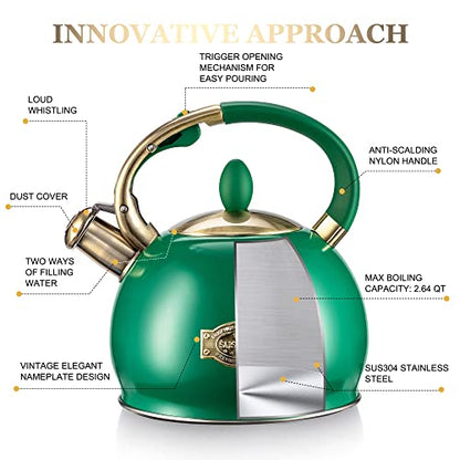 SUSTEAS Stove Top Whistling Tea Kettle - Food Grade Stainless Steel Teakettle Teapot with Cool Touch Ergonomic Handle, With 1 Silicone Pinch Mitt Included, 2.64 Quart (Green) - color: Green