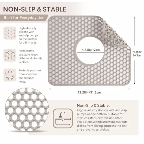 Silicone Sink Mat for Kitchen, Honeycomb Design Drain Protector for Bottom of Stainless Steel Sink, Anti-Scratch & Non-Slip, Heat Resistant Dish Drying Rack, Grey