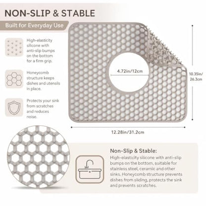 Silicone Sink Mat for Kitchen, Honeycomb Design Drain Protector for Bottom of Stainless Steel Sink, Anti-Scratch & Non-Slip, Heat Resistant Dish Drying Rack, Grey