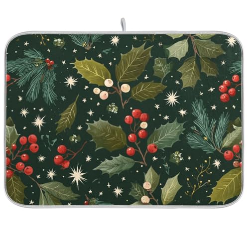 Green Christmas Holly Berries Pine Needles Leaves Dish Drying Mat for Kitchen Counter Drainer Rack Mats for Dishes Washable Absorbent Draining Heat Resistant Pad for Countertop 18x24 - color: Green Christmas Holly Berries Pine Needles Leaves, size: 18'' x