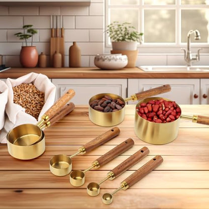 Gold Measuring Cups and Spoons Set of 8, Stackable Stainless Steel Measuring Spoons and Measuring Cup Set with Wood Handles, Dry & Liquid Measuring Cups for Cooking & Baking