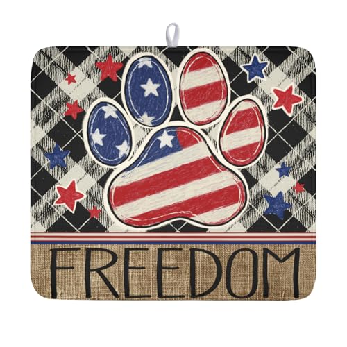 4th of July Dish Drying Mat 18x16 Inch, Patriotic Drying Mat with Absorbent Reversible Microfiber, Independence Day Dish Drainer Mats Memorial Day Rack Pad for Coffee Countertop Kitchen Protector - color: Patriotic Cute Black Blue Red, size: 18" x 16"