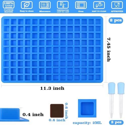 Sakolla 2 Pack Square Silicone Candy Molds, Nonstick 126 Cavity Mini Silicone Molds for Chocolate, Hard Candy, Gummy, Ice Cubes, Ganache (Blue) - color: Mini Square 2 Pcs/Buue
