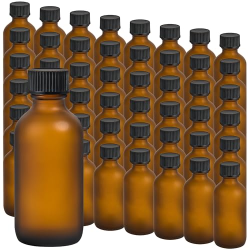 Small Glass Bottles with Lids Boston Round Shot Bottles for Health, Immunity, Ginger Juice, Essential Oils, Potion - Leak Proof Mini Travel Containers (Amber Frosted, 2oz-48Pack) - color: Amber Frosted, size: 2oz-48Pack