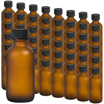 Small Glass Bottles with Lids Boston Round Shot Bottles for Health, Immunity, Ginger Juice, Essential Oils, Potion - Leak Proof Mini Travel Containers (Amber Frosted, 2oz-48Pack) - color: Amber Frosted, size: 2oz-48Pack