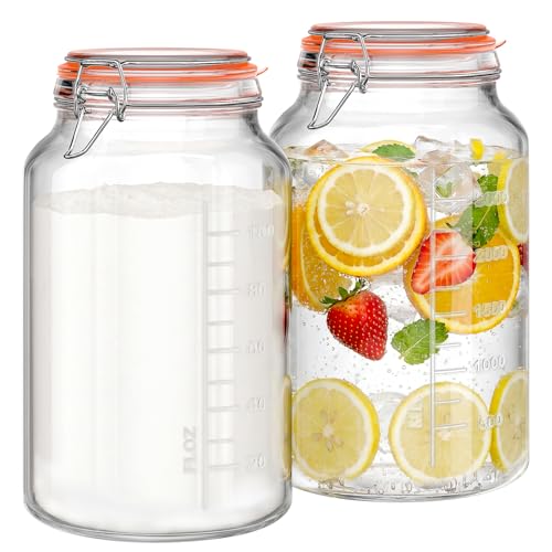1 Gallon Glass Jars with Airtight Lid, Large Glass Storage Containers with Lids, 2 Pack Wide Mouth Mason Jars with Measurement Marks, Kitchen Pantry Storage for Flour, Sugar, 138oz, Dishwasher safe