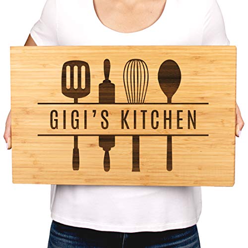 Andaz Press Large Bamboo Wood Cutting Board Gift, 17.75 x 11-inch, Gigi's Kitchen, Utensils Graphic, 1-Pack, Laser Engraved Serving Chopping Board Christmas Birthday Chef Kitchen Ideas - color: Gigi