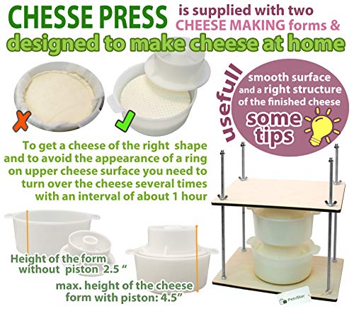 PetriStor Wooden Cheese Press for Cheese Making Supplies 12in Metal Guides 13in and 2 Cheese Mold with Follower Piston 1.3Qt - large Home Supply Ultimate Cheese Press Machine - Prensa Para Queso